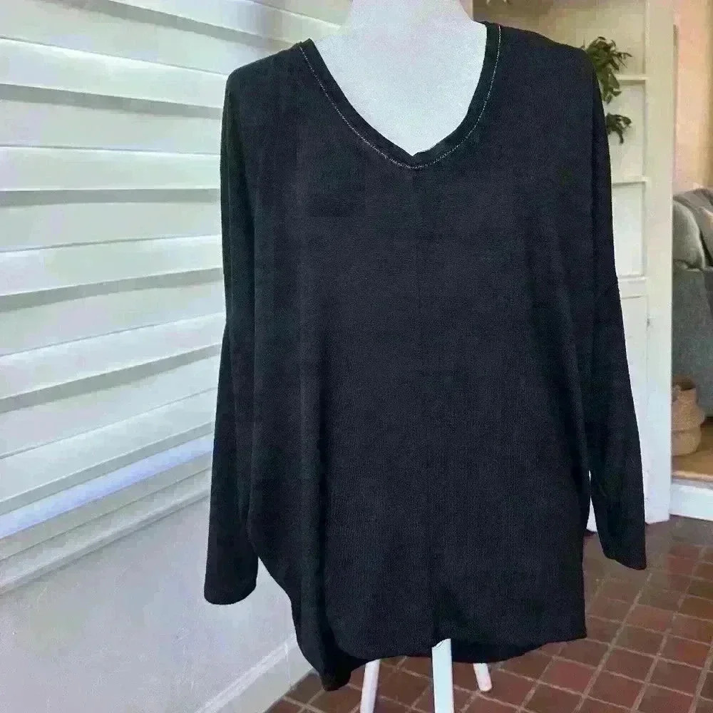 ELIE by Elie Tahari- Dropped Sleeve, Neck Embellished,Black Sweater- Size M